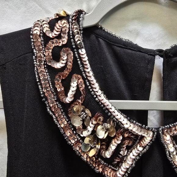 Modcloth black chiffon knee length sleeveless dress gold sequin beaded collar XL - Picture 5 of 13